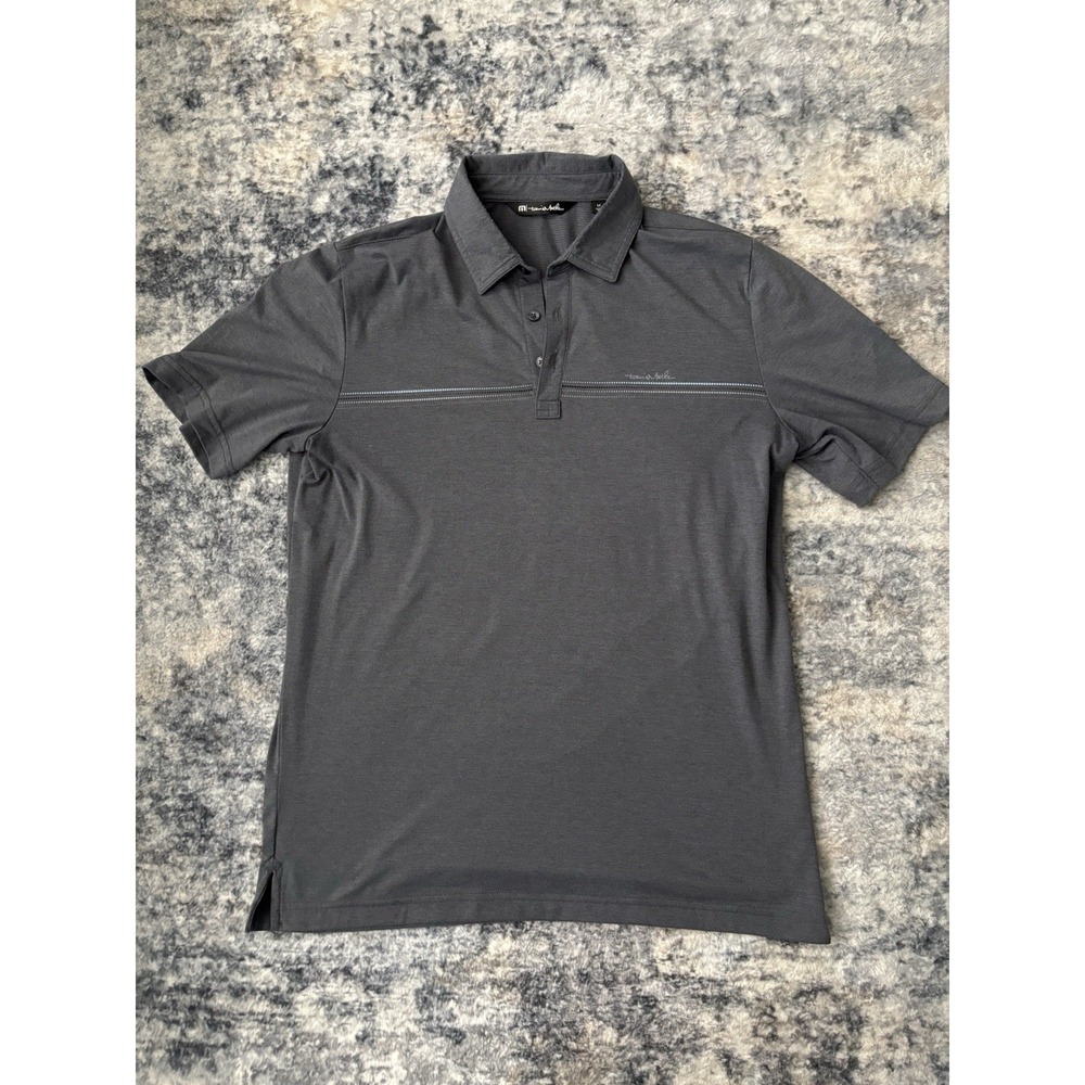 Travis Mathew Polo Shirt Men Medium Gray Striped Short Sleeve Golf Rugby Stretch